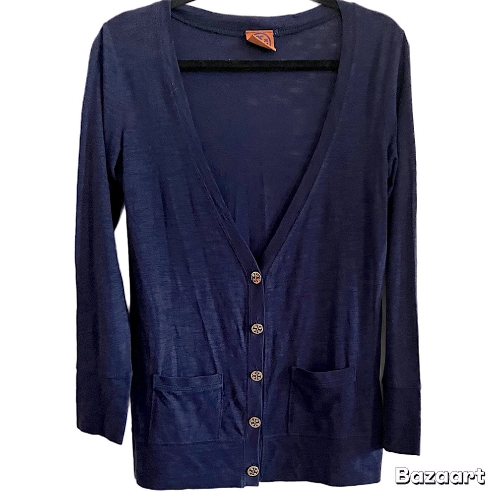 Tory Burch Women's Navy Gold Logo Buttons V-neck Cardigan Size S